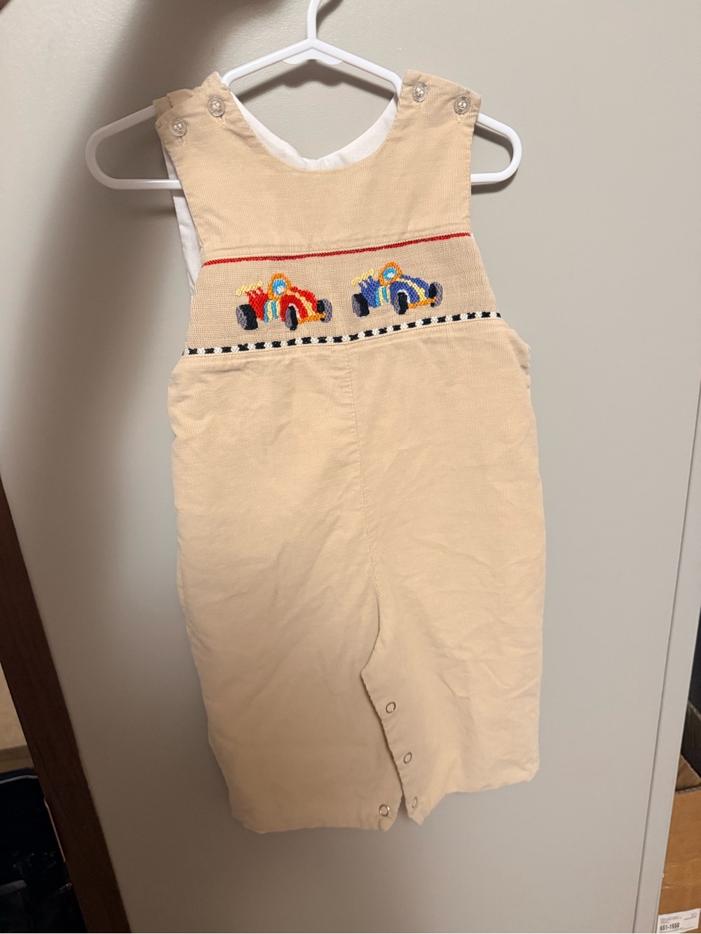 Beige Corduroy Kids One-Piece with Race Car Embroidery
